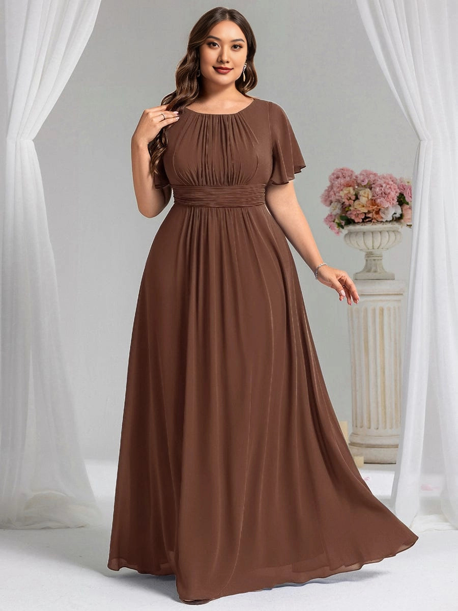 A-Line Round Neck Flutter Sleeve Back Zipper Floor Length Plus Size Floral Chiffon Wedding Guest Dress