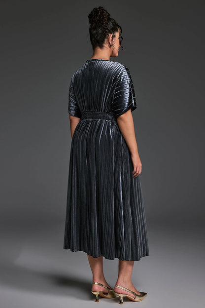 roselledress metallic stripe velvet curvy midi dress solid plain back elastic waist short sleeve party dress