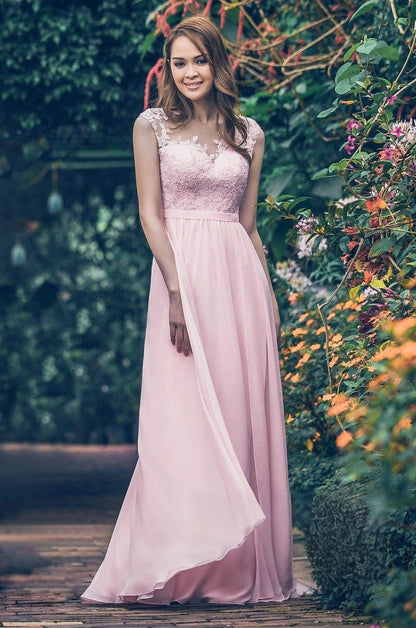 Plus Size Romantic Lace Chiffon A-Line Illusion-Neck Sleeveless Illusion-Back Floor-Length Bridesmaid Dress
