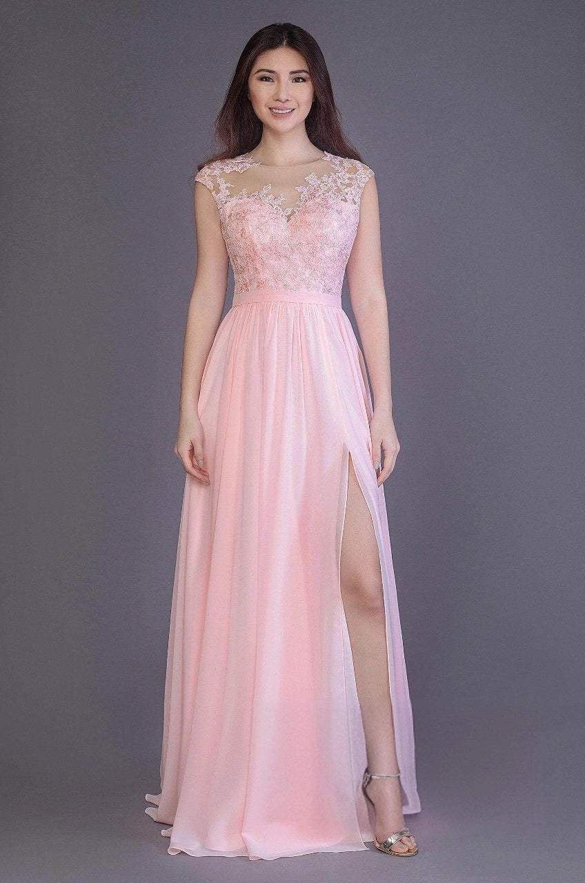 Plus Size Romantic Lace Chiffon A-Line Illusion-Neck Sleeveless Illusion-Back Floor-Length Bridesmaid Dress