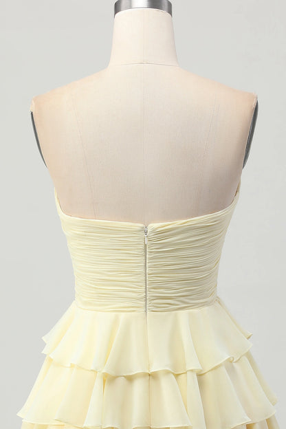 Cream A Line Strapless Sweetheart Plain Back Tiered Mini Homecoming Dress