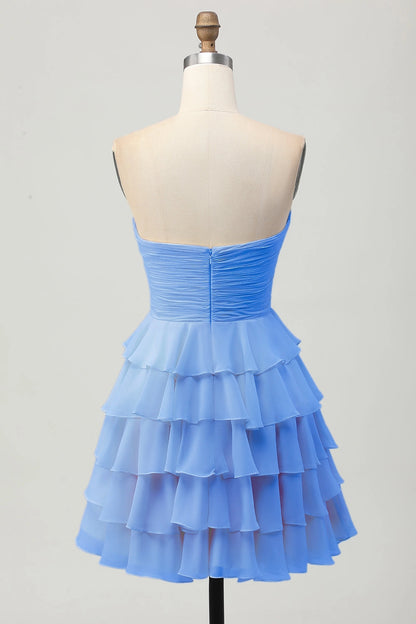 Cream A Line Strapless Sweetheart Plain Back Tiered Mini Homecoming Dress