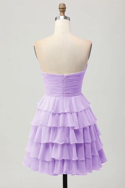 Cream A Line Strapless Sweetheart Plain Back Tiered Mini Homecoming Dress