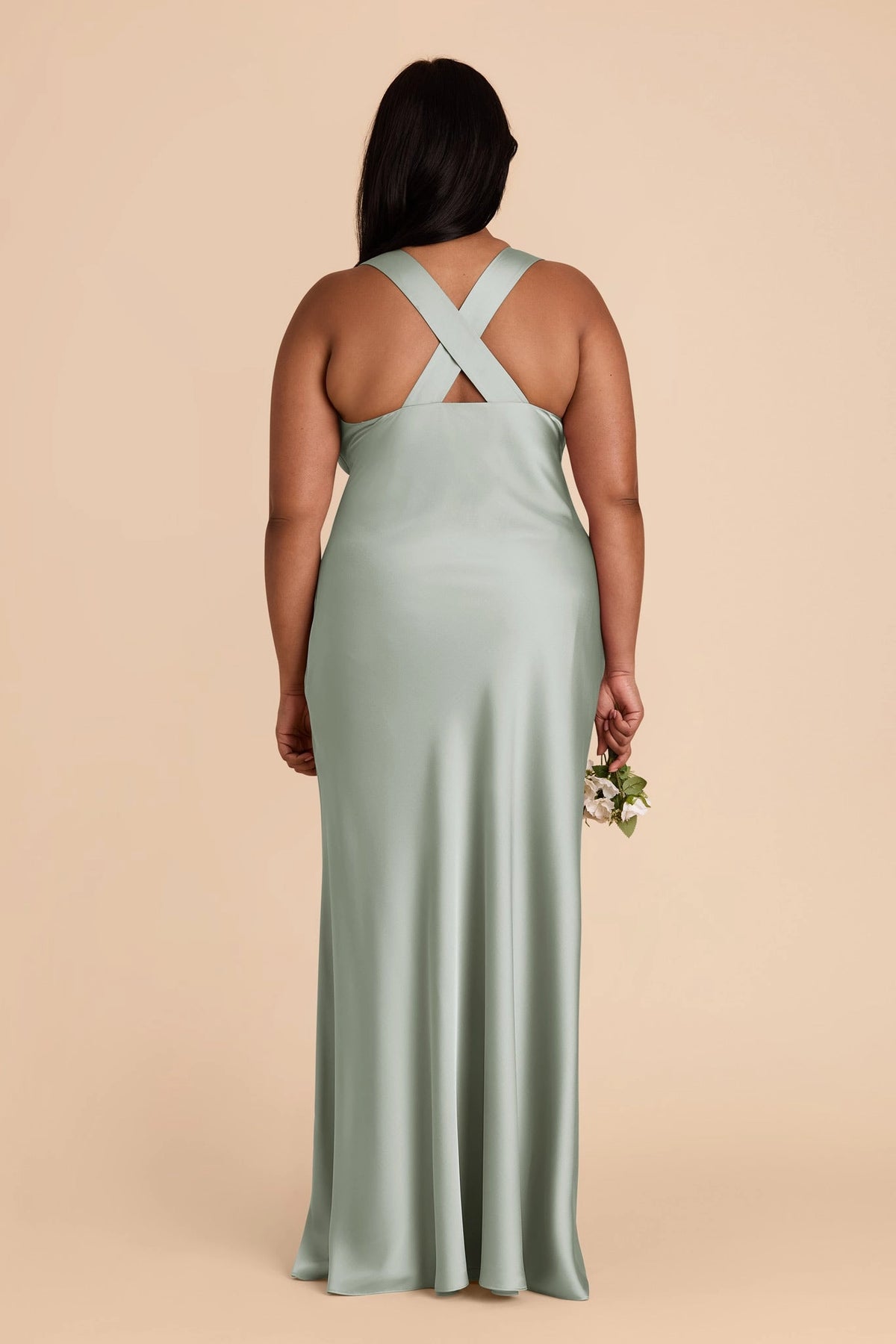 Cross open back plus size sage green satin bridesmaid maxi dress back view roselledress