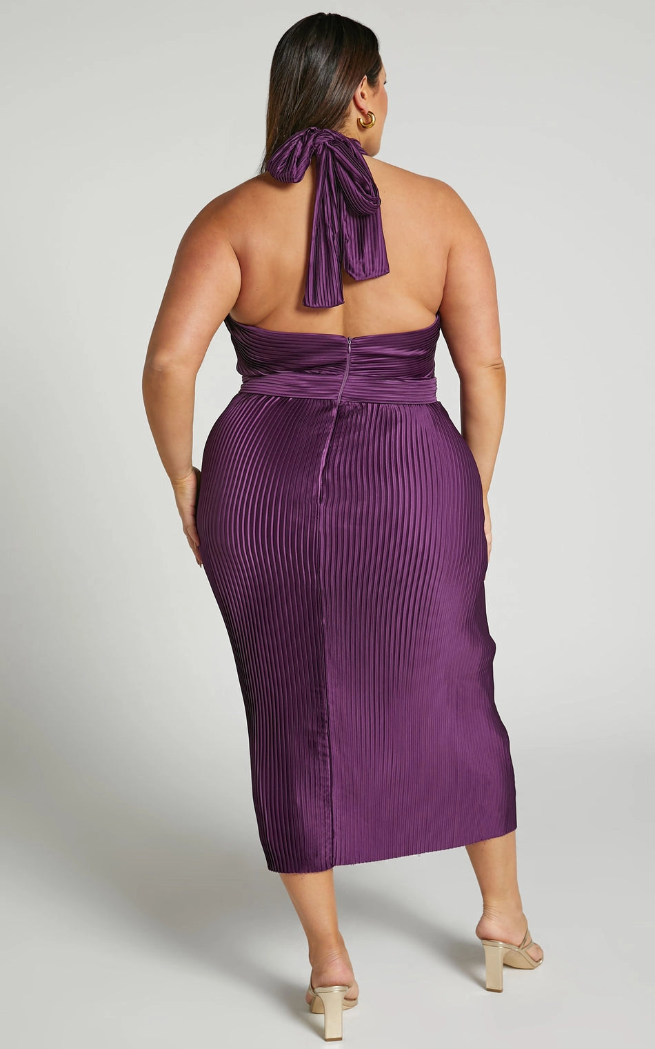 Roselledress back view purple satin formal dress,tie open back halter plus size midi cocktail party gown