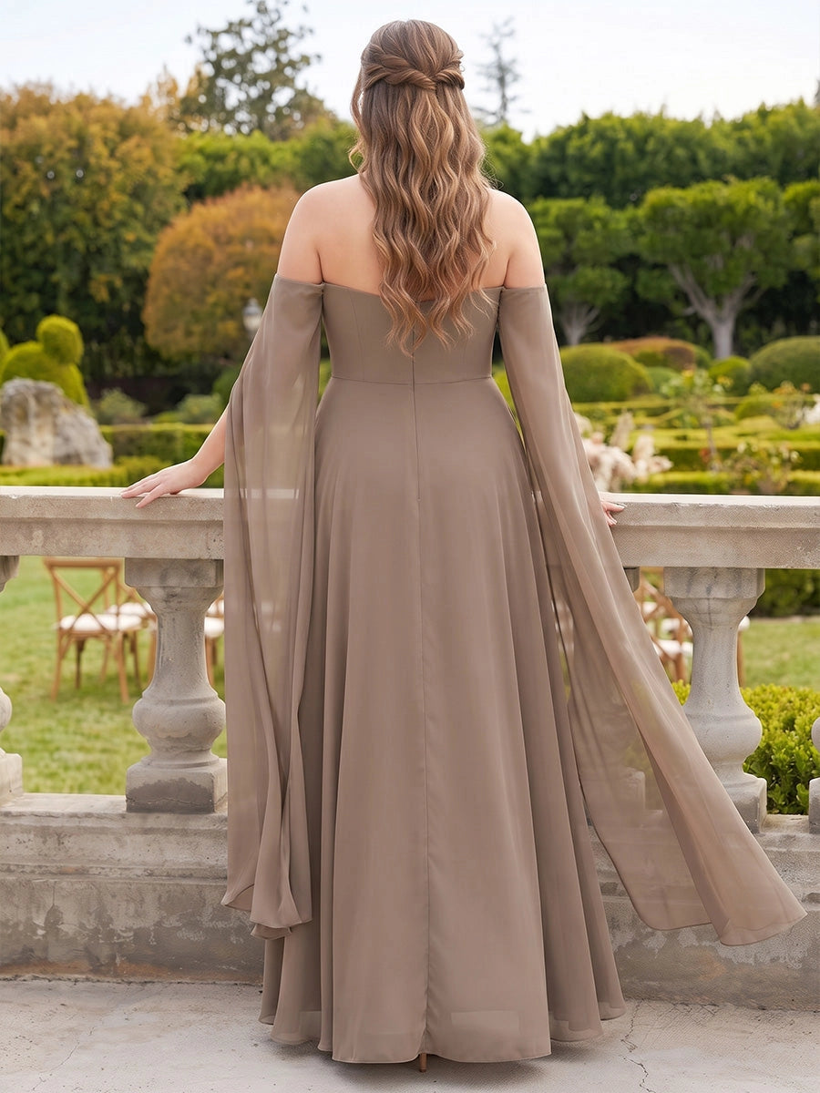 Roselledress back view taupe formal evening dress,closed back cape sleeve plus size floor‑length chiffon gown