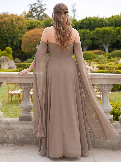 Roselledress back view taupe formal evening dress,closed back cape sleeve plus size floor‑length chiffon gown