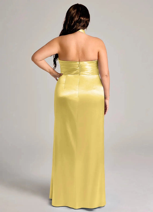 Butter yellow plus size open back ruched zipper long satin evening dress back view