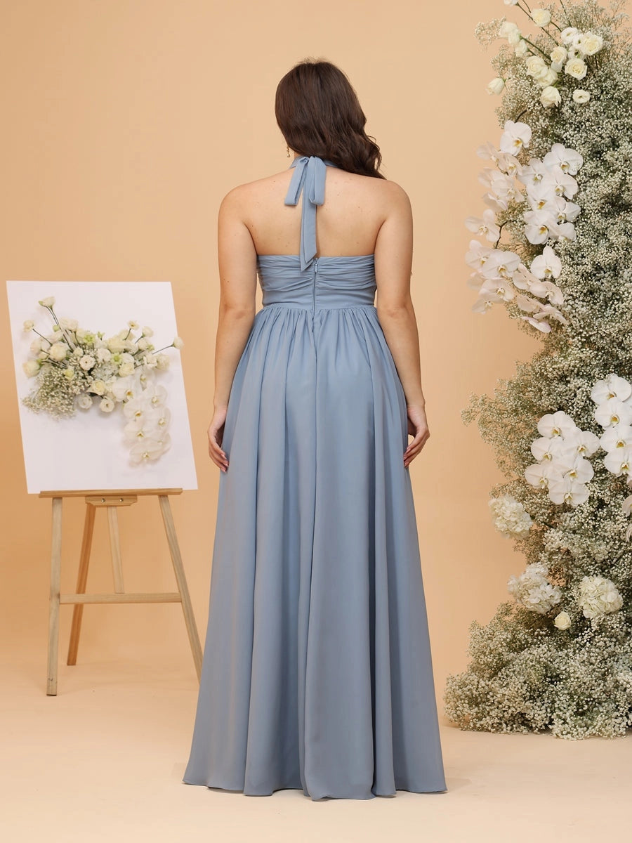 RoselleDress dusty blue plus size bridesmaid dress halter tie‑back zipper maxi gown back view
