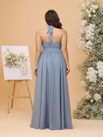 RoselleDress dusty blue plus size bridesmaid dress halter tie‑back zipper maxi gown back view