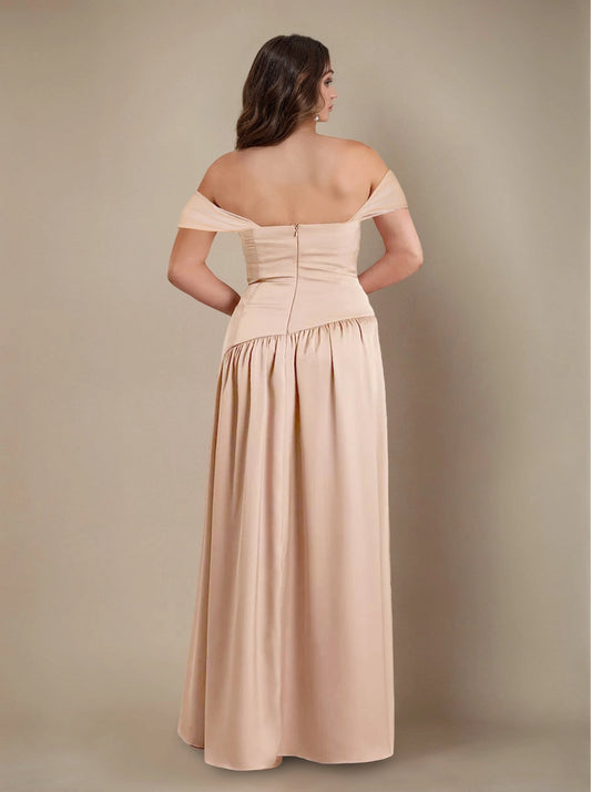 Roselledress satin formal dress plus size off shoulder ruched zipper back slit bridesmaid dress back view
