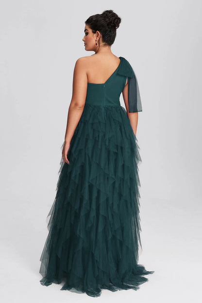 Back view Vedress forest green plus size one shoulder tulle prom dress layered ruffle formal gown