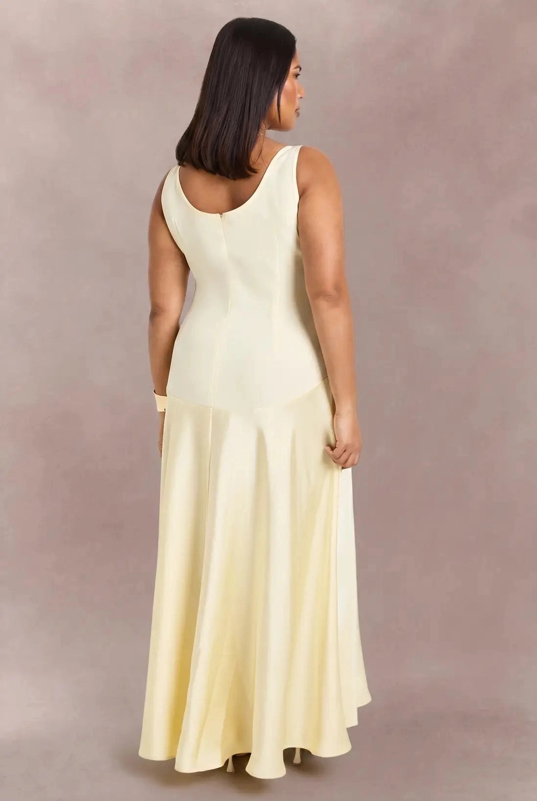 Roselledress plus size butter yellow satin formal maxi gown with scoop back and zipper closure back view
