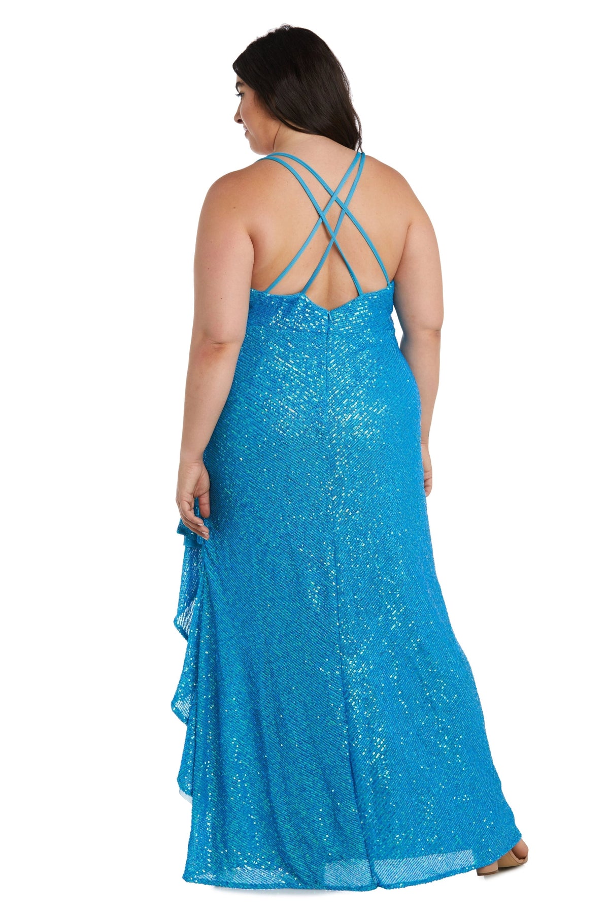 Plus size blue sequin evening dress with crisscross double straps and V-back
