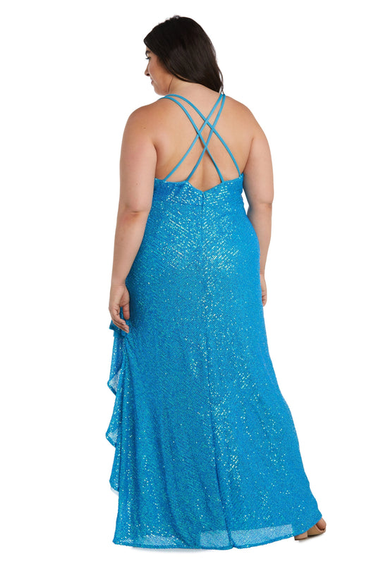 Plus size blue sequin evening dress with crisscross double straps and V-back
