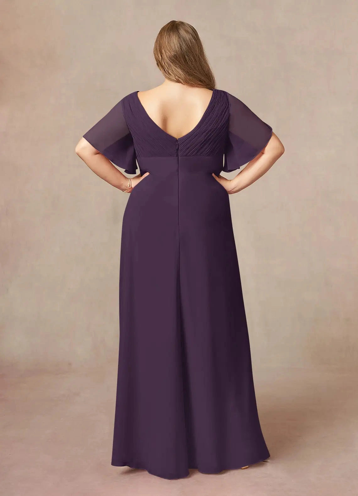 Roselledress dark purple chiffon plus size formal dress deep v‑back floor‑length bridesmaid gown back view