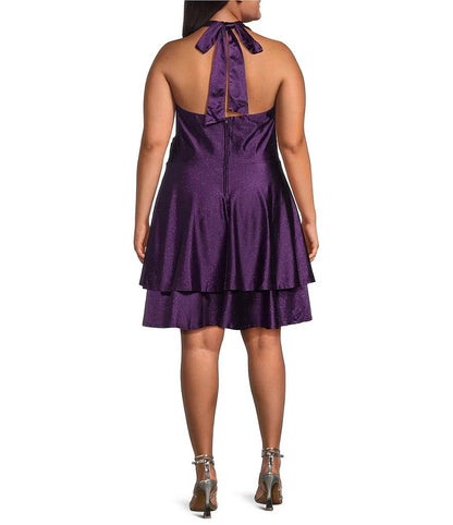 Plus size purple glitter homecoming dress with halter tie neck, open back and center zipper
