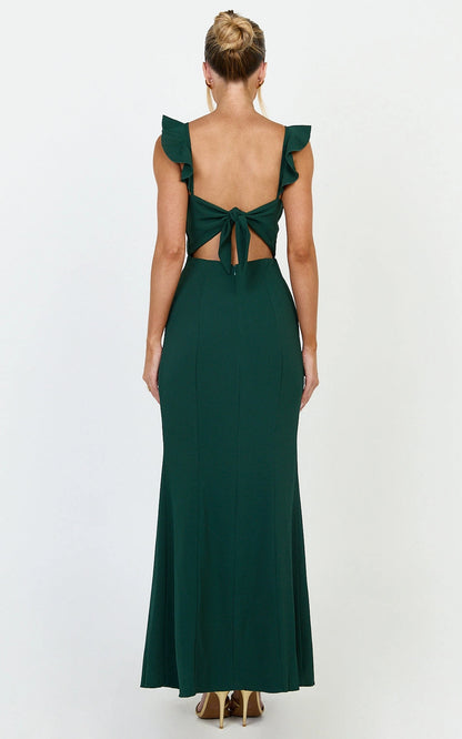 Roselledress tie back cutout ruffle strap plus size maxi dress back view, emerald green bridesmaid dress