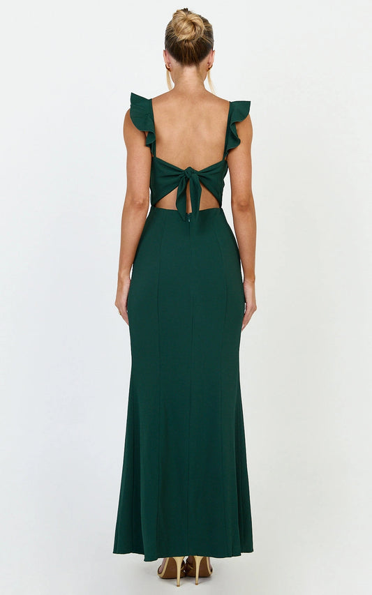 Roselledress tie back cutout ruffle strap plus size maxi dress back view, emerald green bridesmaid dress
