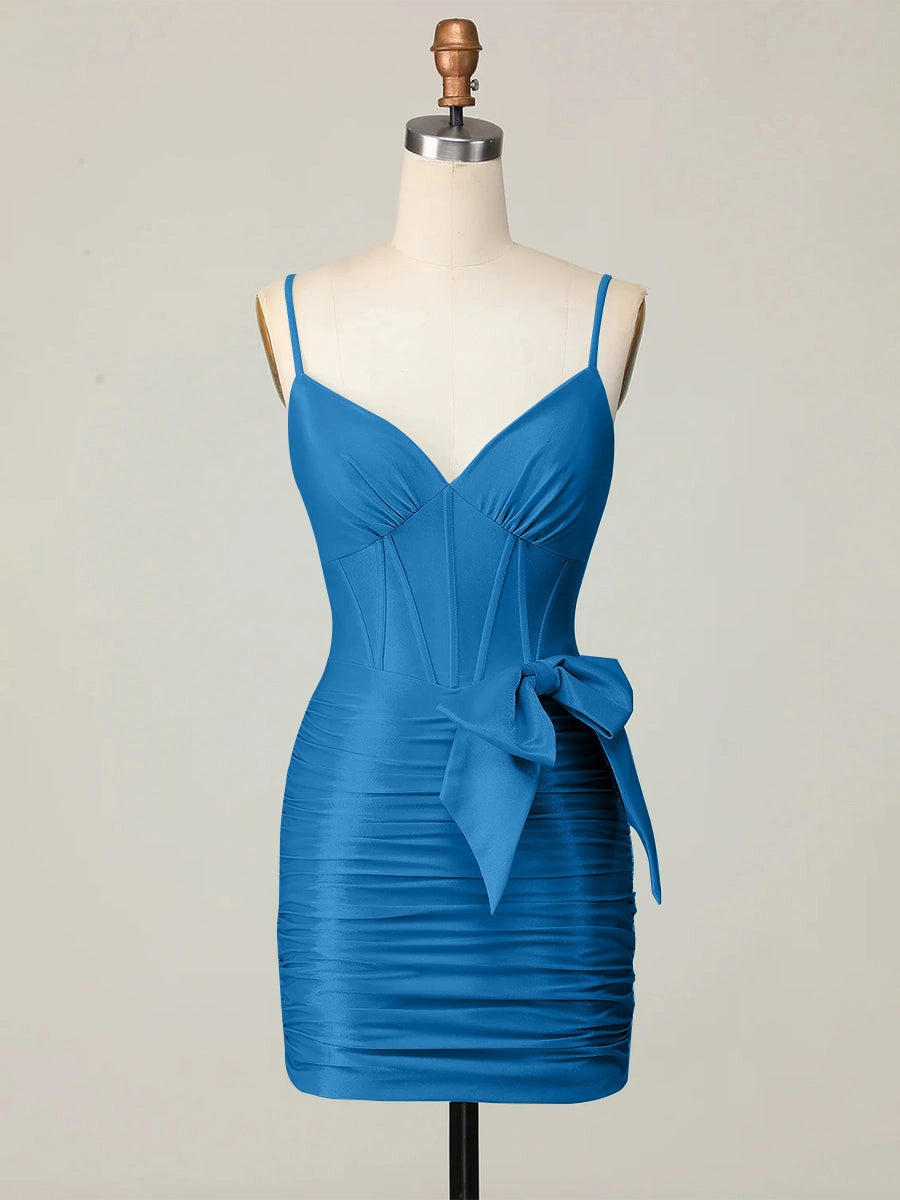 Roselle Dress sapphire blue satin corset mini dress spaghetti strap side bow ruched homecoming gown front view
