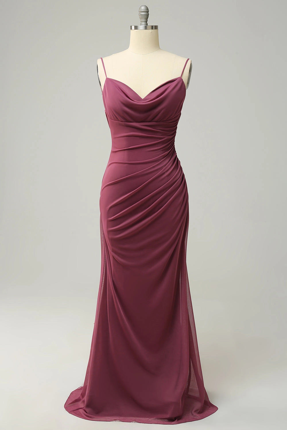 Mermaid Cowl Neck Spaghetti Strap Ruched Cowl Back Chiffon Maxi Plus Size Bridesmaid Dress