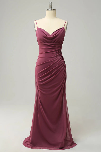 Mermaid Cowl Neck Spaghetti Strap Ruched Cowl Back Chiffon Maxi Plus Size Bridesmaid Dress