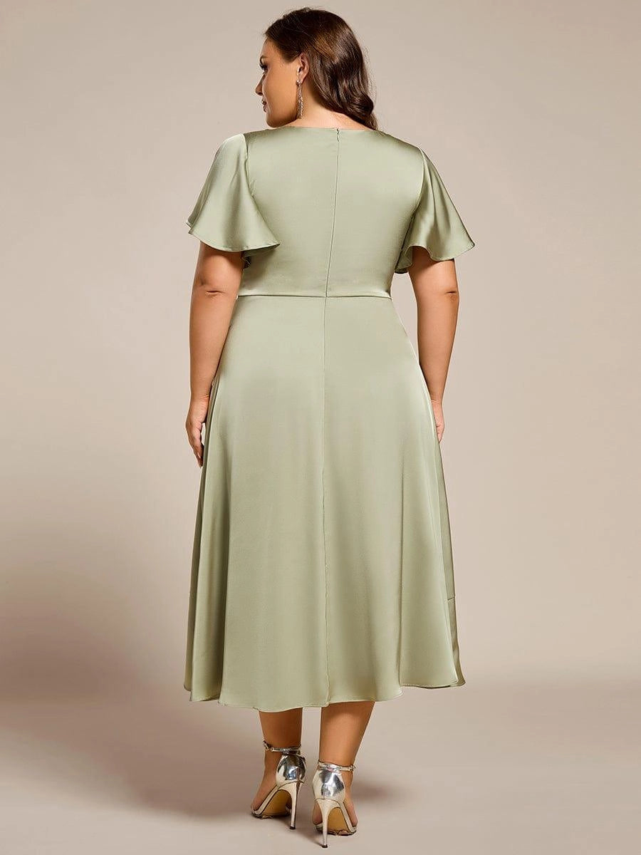 Roselledress solid satin plus size midi bridesmaid dress vertical center zipper back shot