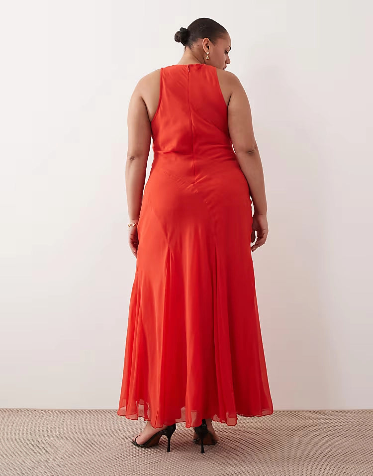 Back view of roselledress red zipper-back halter plus size ankle-length chiffon formal wedding guest dress
