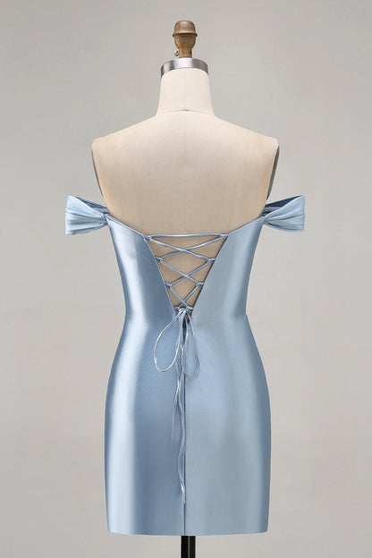 Roselle Dress sky blue bodycon dress off shoulder criss cross lace up back slit mini homecoming dress rear view