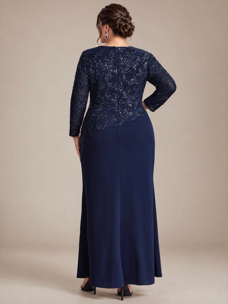 Navy plus size evening gown back view, round neck, center back zipper, sequin lace long sleeves and fitted long skirt
