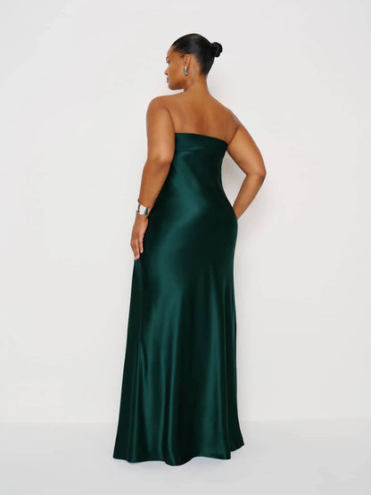 roselledress emerald green plus‑size strapless open‑back satin mermaid evening gown detachable choker sleek formal maxi dress back view