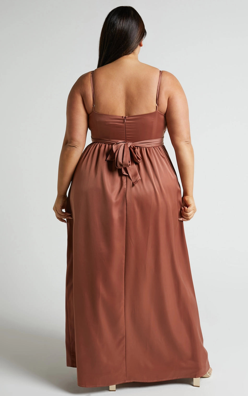 Roselledress tie waist open back maxi plus size dress back view, adjustable spaghetti strap formal wedding guest dress