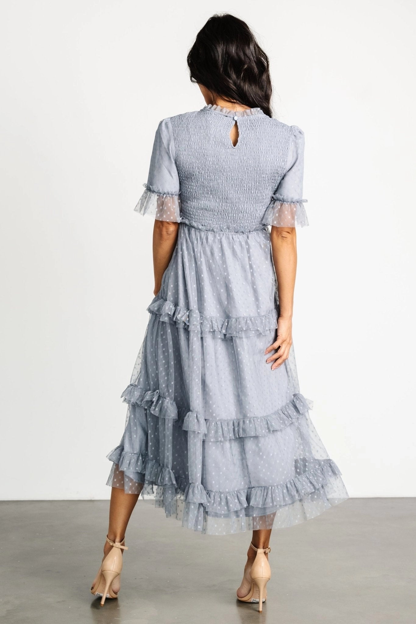 Roselledress blue dotted tulle tiered midi dress keyhole button back formal gown rear view