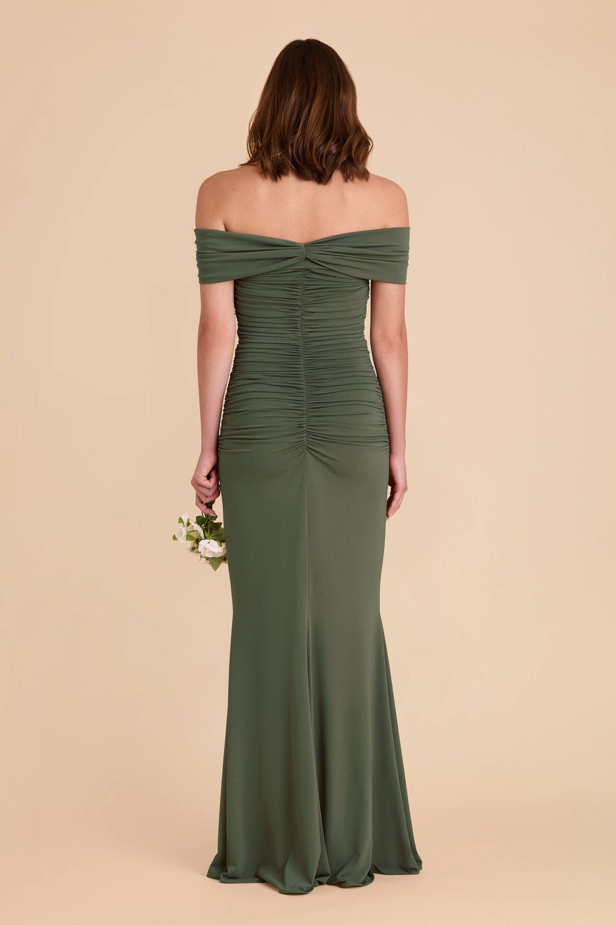 Roselle Dress plus size olive green formal maxi dress, off‑shoulder twisted ruched back mermaid gown back view