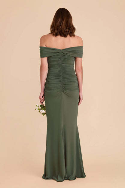 Roselle Dress plus size olive green formal maxi dress, off‑shoulder twisted ruched back mermaid gown back view