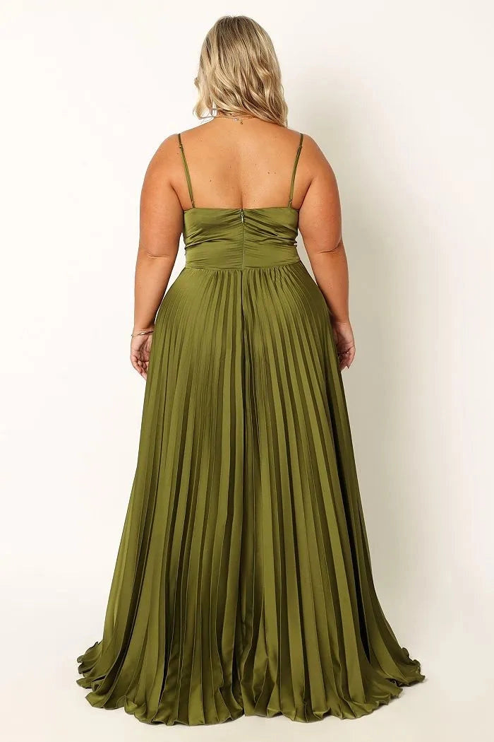 Roselledress olive green pleated satin plus size formal dress straight back floor‑length bridesmaid gown back view