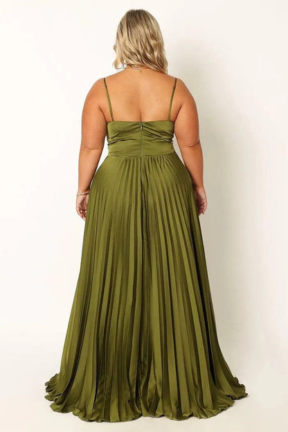 Roselledress olive green pleated satin plus size formal dress straight back floor‑length bridesmaid gown back view