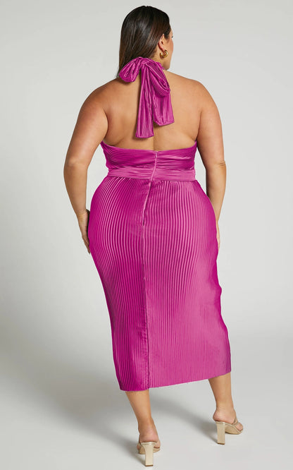 Glamorous Sheath Halter Sleeveless Tie‑Back Midi‑Length Plus Size Wedding Guest Dress