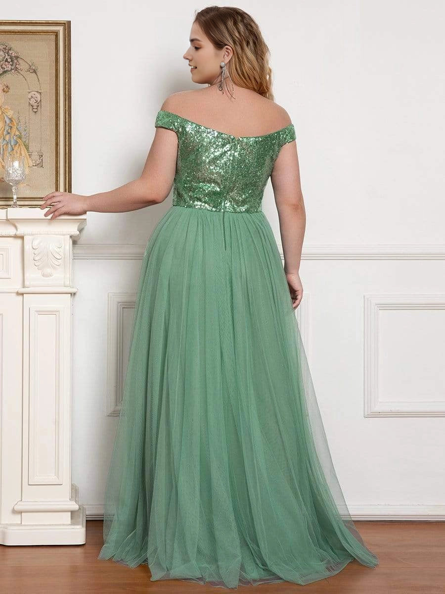Glamorous A‑Line Off‑The‑Shoulder Cap‑Sleeve V‑Back Floor‑Length Plus Size Prom Dress