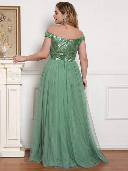 Glamorous A‑Line Off‑The‑Shoulder Cap‑Sleeve V‑Back Floor‑Length Plus Size Prom Dress
