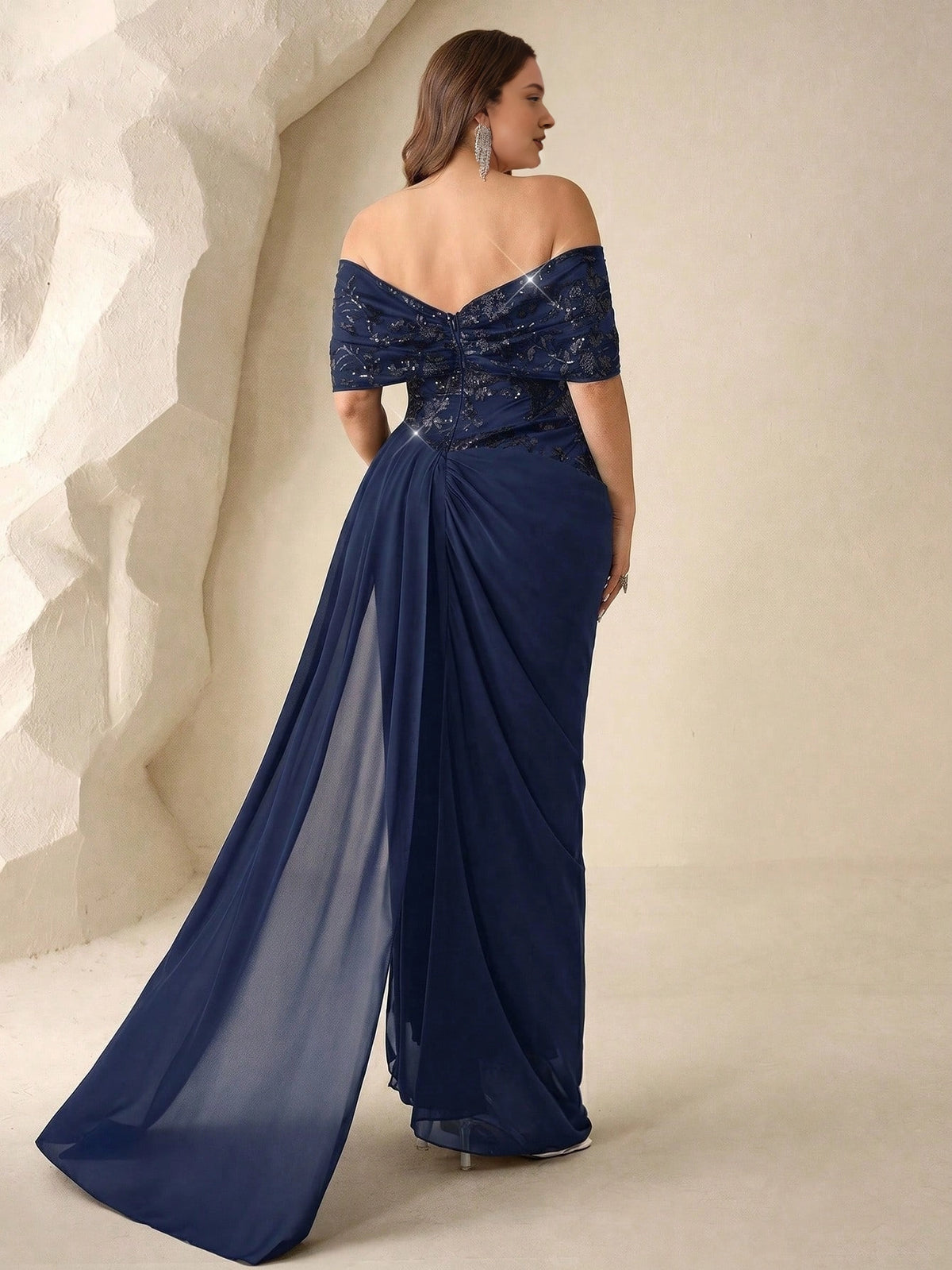 Elegant Plus Size Sheath Off-the-Shoulder Zip Back Long Chiffon Evening Dress