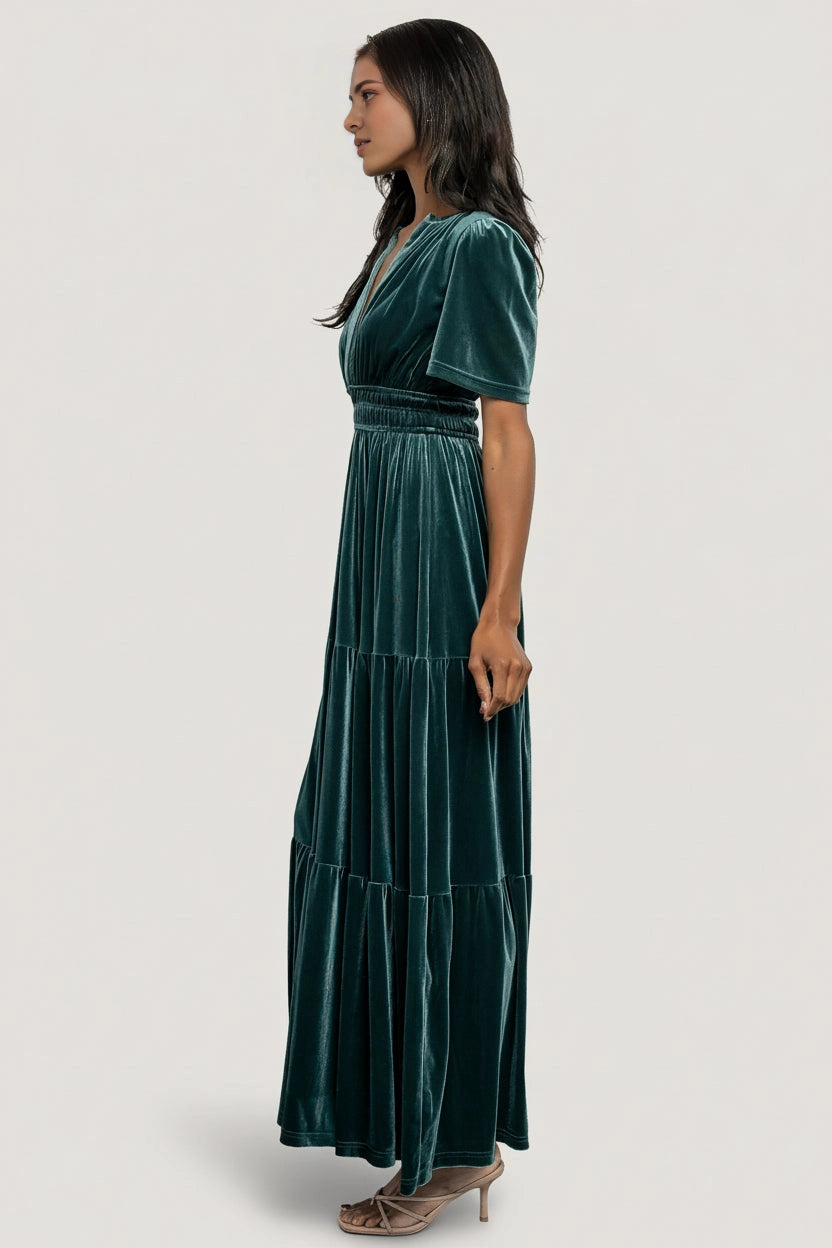 Emerald A‑Line V‑Neck Short‑Sleeve Smocked‑Back Floor‑Length Mother Of Bride Dress