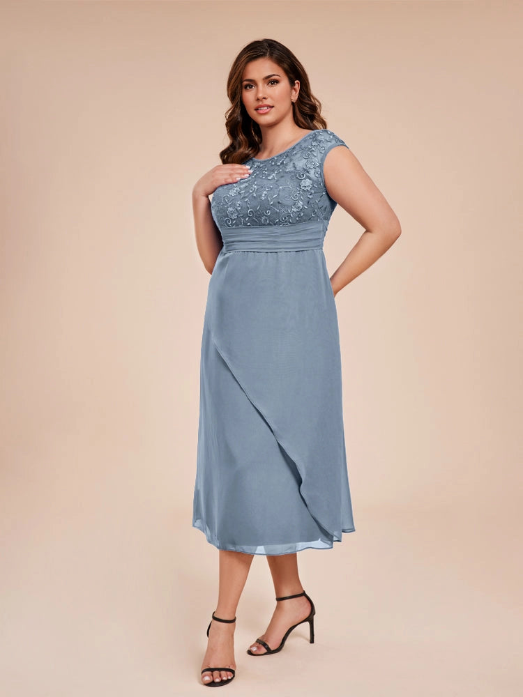 Charming A‑Line Bateau Neck Cap Sleeve V‑Back Midi Length Formal Plus Size Mother Of The Bride Dress