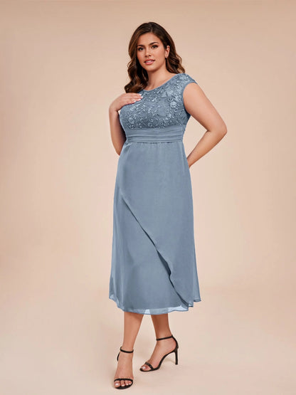 Charming A‑Line Bateau Neck Cap Sleeve V‑Back Midi Length Formal Plus Size Mother Of The Bride Dress