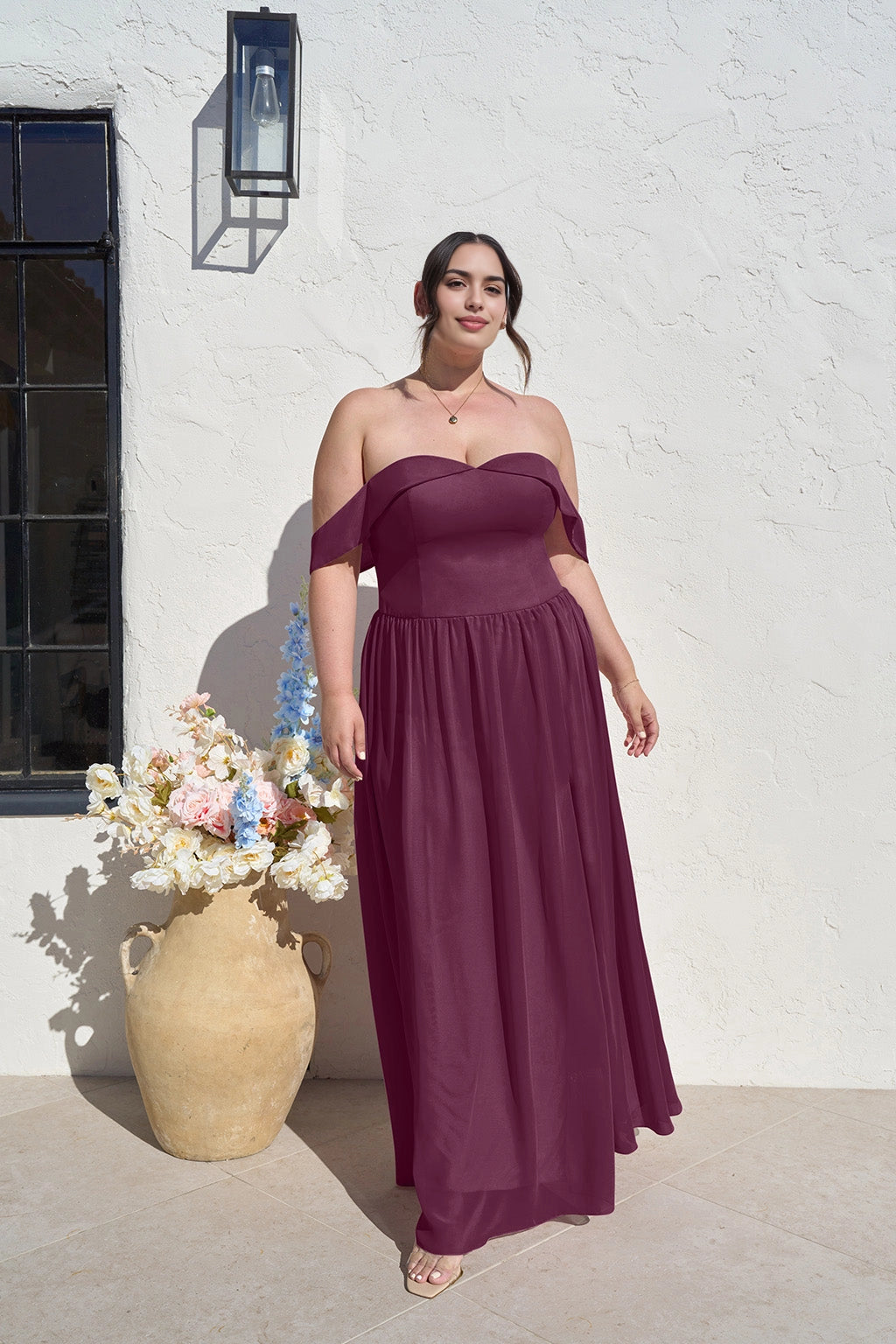 Romantic A-Line Sweetheart Off Shoulder Zipper Back Long Plus Size Bridesmaid Dress