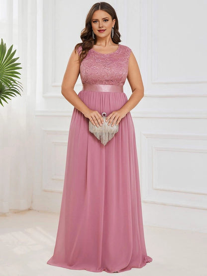 Romantic A-Line Round Cap Sleeve V-Back Sash Waist Floor-Length Plus Size Bridesmaid Dress
