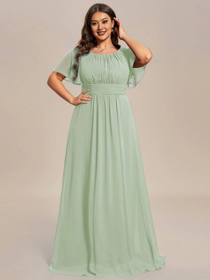 A-Line Round Neck Flutter Sleeve Back Zipper Floor Length Plus Size Floral Chiffon Wedding Guest Dress