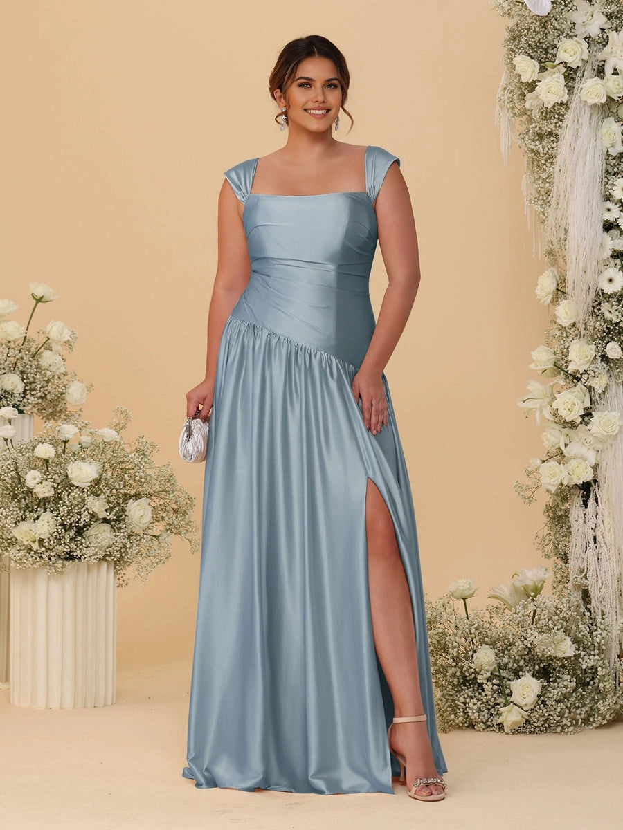 Stunning Champagne A‑Line Convertible‑Neck Ruched Zip‑Back High‑Slit Floor‑Length Bridesmaid Dress