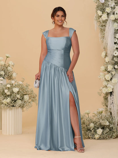 Stunning Champagne A‑Line Convertible‑Neck Ruched Zip‑Back High‑Slit Floor‑Length Bridesmaid Dress