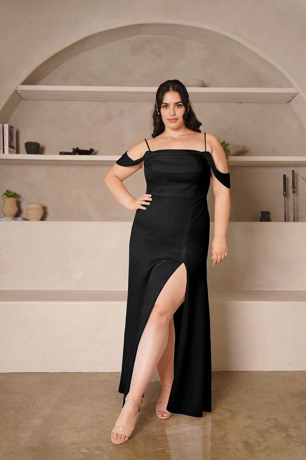 Elegant Mermaid Straight Neck Off Shoulder Zipper Back Long Plus Size Wedding Guest Dress